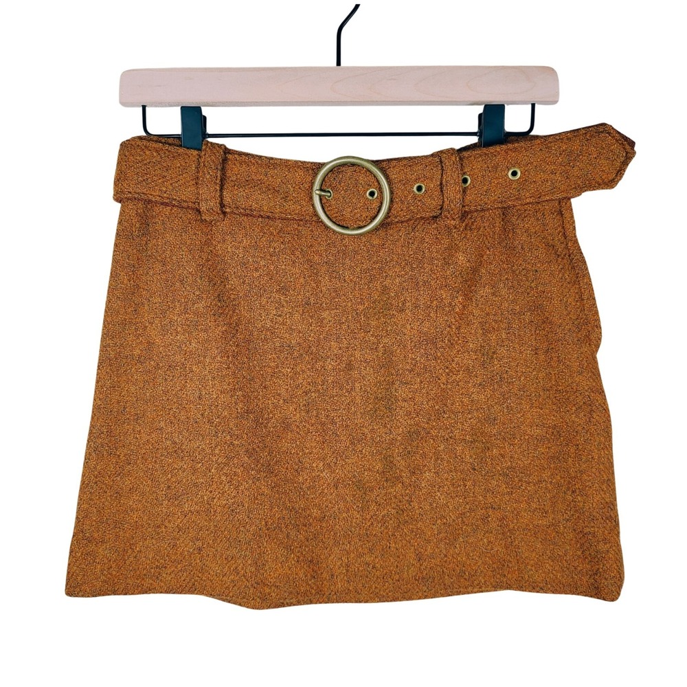 Vintage 70s Mini Skirt Size‎ S Brown Wool Dark Academia Retro Belted
